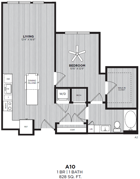 Floor plan for 1 bed, 1 bath, 828 sqft